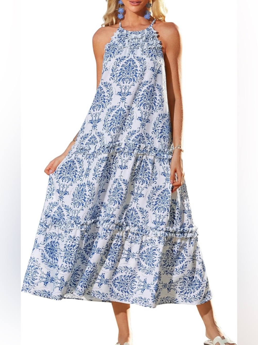 GRACE KARIN Women's blue and white patterned Maxi Boho Dress NWT - Picture 2 of 14